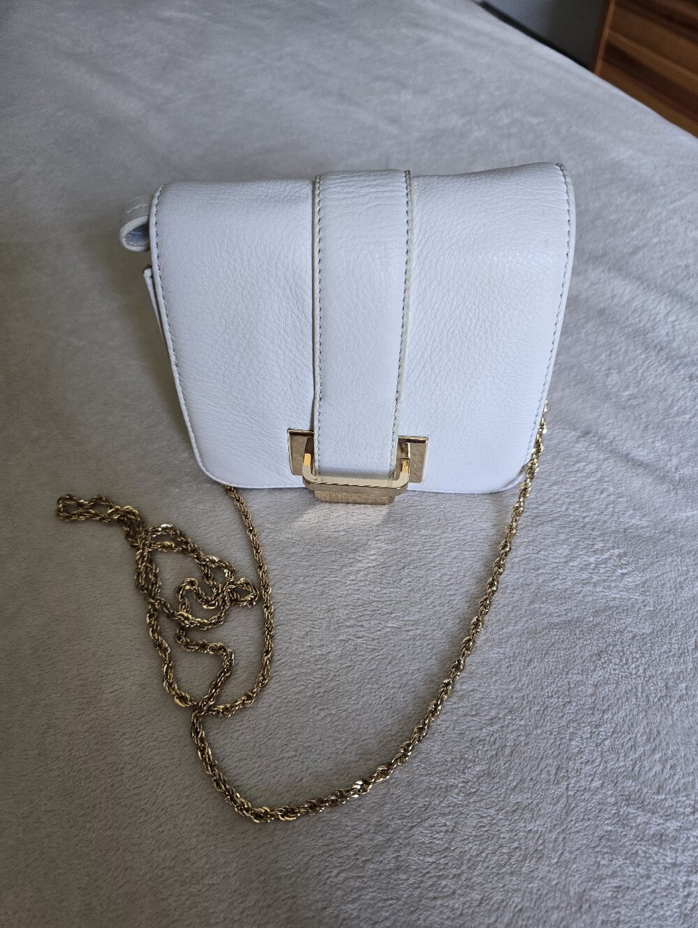 White Leather Crossbody Bag with Gold Chain Strap